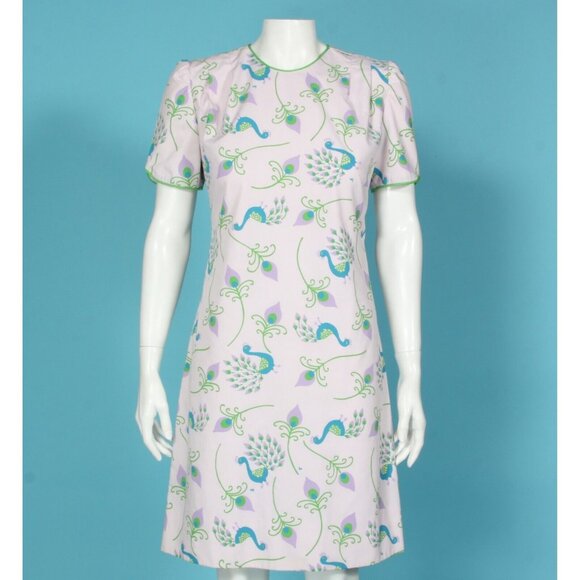 Vtg 60s THE VESTED GENTRESS Blue Green Peacock Print on Lavender Dress Sz 6 /703 - Picture 1 of 7